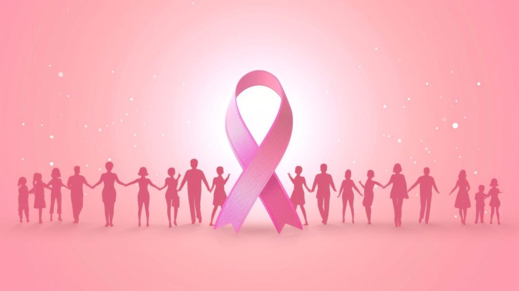 Pink ribbon with silhouette of people holding hands in the background