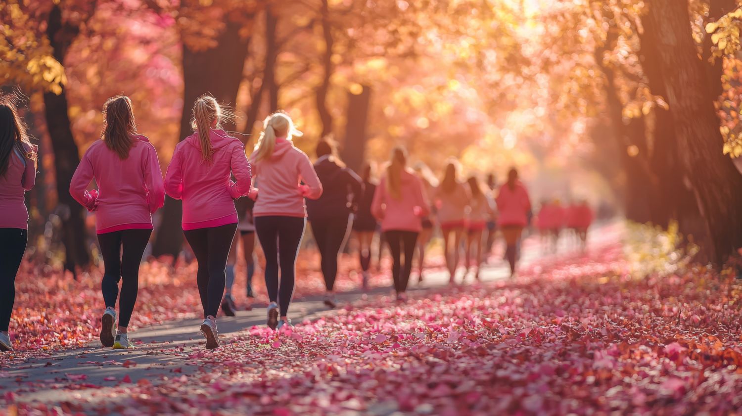 Group of people running mostly dressed in pink tops